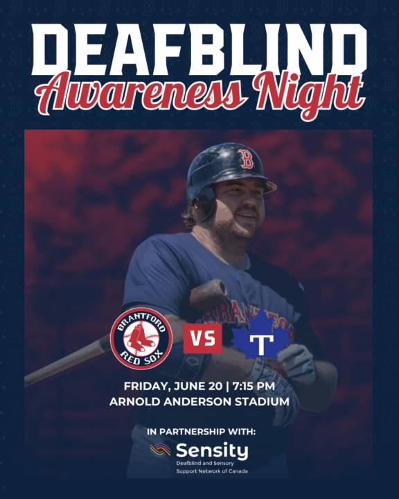 An event poster for the Brantford Red Sox Deafblind Awareness Night Game. It features a baseball player with a helmet and the logos of the Red Sox and Toronto Maple Leafs with event details.